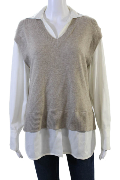Elan Women Pullover V-Neck Long Sleeve Beige Sweater Size S