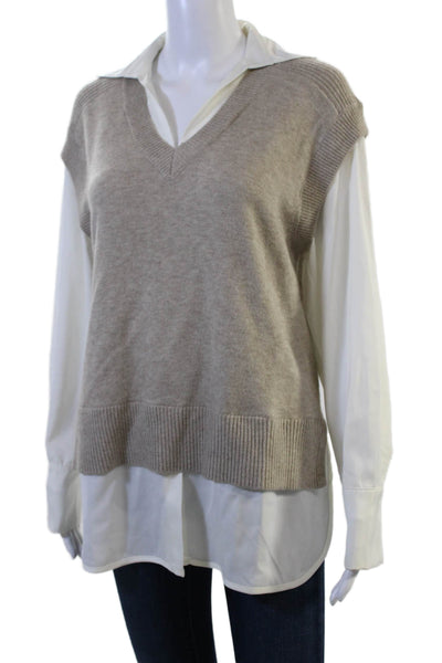 Elan Women Pullover V-Neck Long Sleeve Beige Sweater Size S