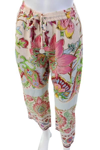 Zara Women Cropped Floral Viscose Drawstring Pants Beige Size S