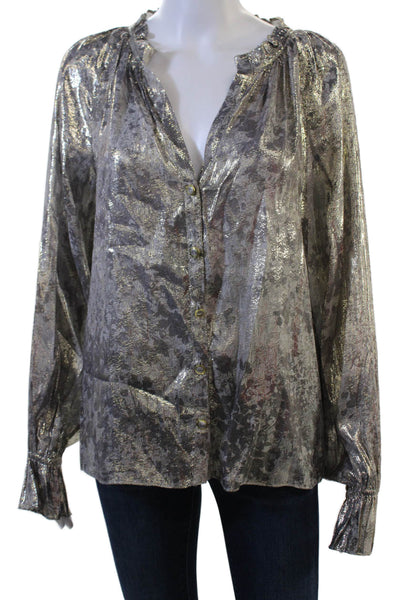 Ramy Brook Women Gray V-Neck Silk Lurex Button-Up Blouse Long Sleeve Size S