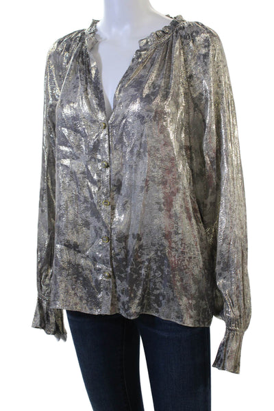 Ramy Brook Women Gray V-Neck Silk Lurex Button-Up Blouse Long Sleeve Size S