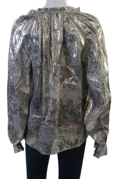 Ramy Brook Women Gray V-Neck Silk Lurex Button-Up Blouse Long Sleeve Size S
