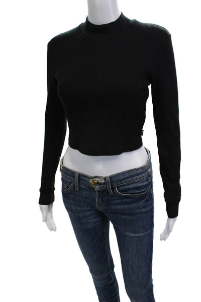 TNA Women Cropped Mock Neck Long Sleeve Black Top Size M