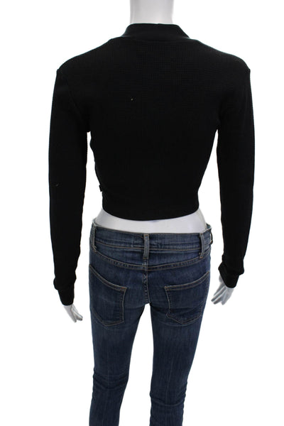 TNA Women Cropped Mock Neck Long Sleeve Black Top Size M