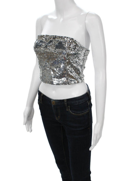 Super Down, Womens, Cropped Mini Skirt Silver Polyester Zip 80s Size XS
