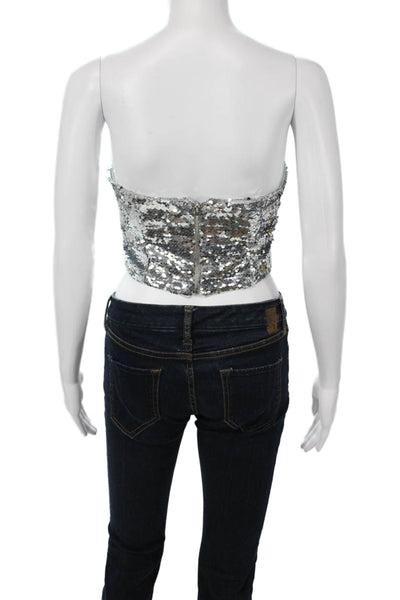 Super Down, Womens, Cropped Mini Skirt Silver Polyester Zip 80s Size XS