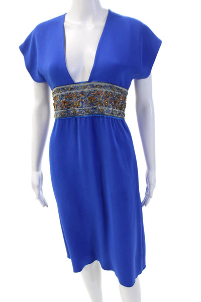 Behnaz Sarafpour Women Sheath Dress Blue V-Neck Silk Mid-Calf Hook & Eye Size 4