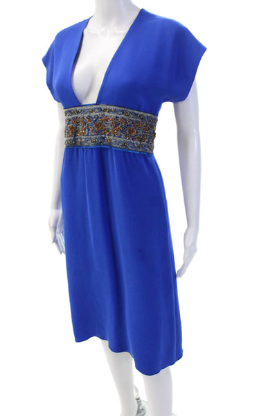 Behnaz Sarafpour Women Sheath Dress Blue V-Neck Silk Mid-Calf Hook & Eye Size 4