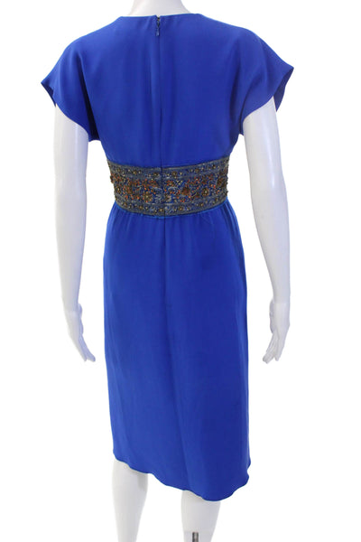 Behnaz Sarafpour Women Sheath Dress Blue V-Neck Silk Mid-Calf Hook & Eye Size 4