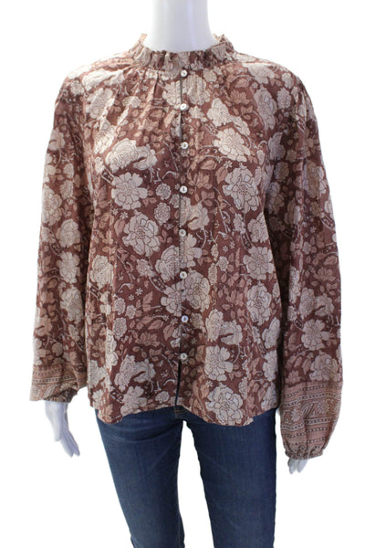 Cleobella Womens Bohemian Floral High Neck Button-Up Blouse Brown Size M
