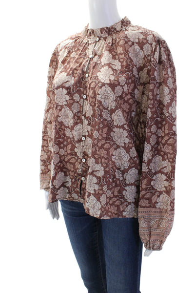 Cleobella Womens Bohemian Floral High Neck Button-Up Blouse Brown Size M