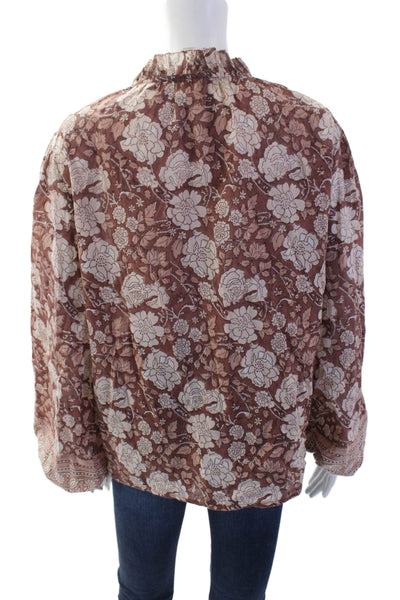 Cleobella Womens Bohemian Floral High Neck Button-Up Blouse Brown Size M