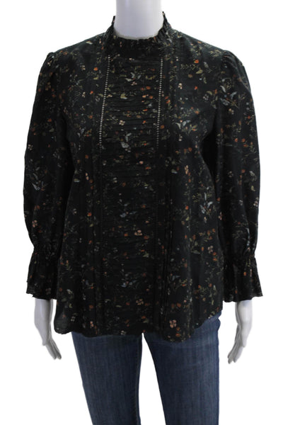 Go Silk Womens Tunic Blouse Black Floral Bird Button Long Sleeve Size S