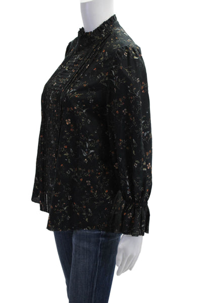 Go Silk Womens Tunic Blouse Black Floral Bird Button Long Sleeve Size S