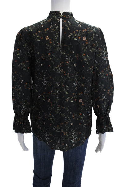 Go Silk Womens Tunic Blouse Black Floral Bird Button Long Sleeve Size S