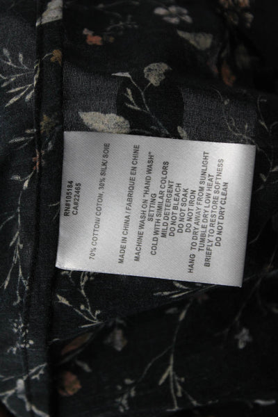 Go Silk Womens Tunic Blouse Black Floral Bird Button Long Sleeve Size S