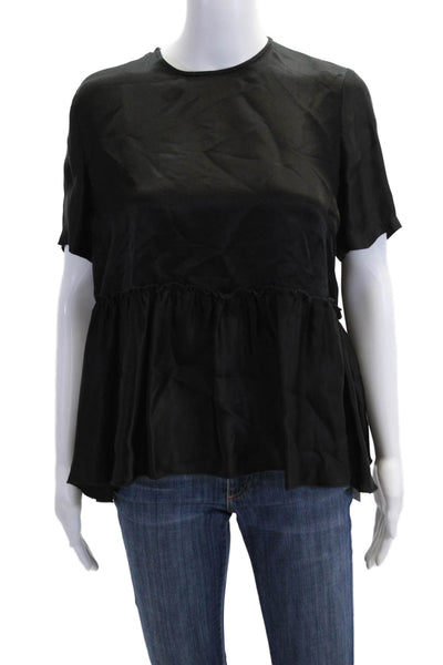 Chan Luu Women Black Silk Rayon Boho Blouse Short Sleeve Round Neck Size M