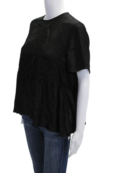Chan Luu Women Black Silk Rayon Boho Blouse Short Sleeve Round Neck Size M