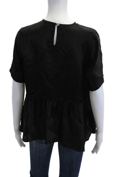 Chan Luu Women Black Silk Rayon Boho Blouse Short Sleeve Round Neck Size M