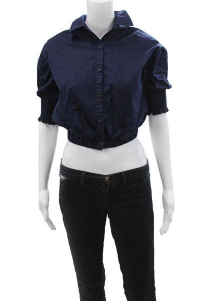 Ramy Brook Women Cropped Dark Blue Button-Up Blouse Short Sleeve Size 2XS
