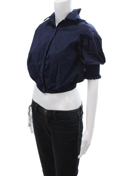 Ramy Brook Women Cropped Dark Blue Button-Up Blouse Short Sleeve Size 2XS