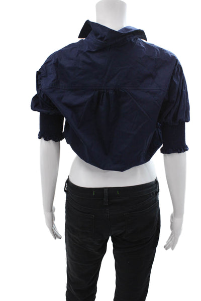 Ramy Brook Women Cropped Dark Blue Button-Up Blouse Short Sleeve Size 2XS