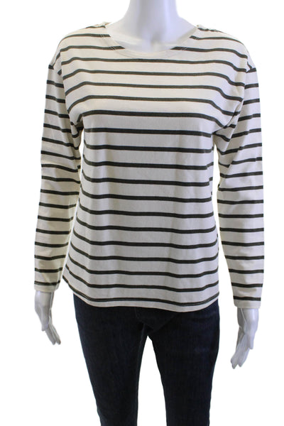 Nili Lotan Womens Beige Striped Long Sleeve Basic T-Shirt 100% Cotton Size XS