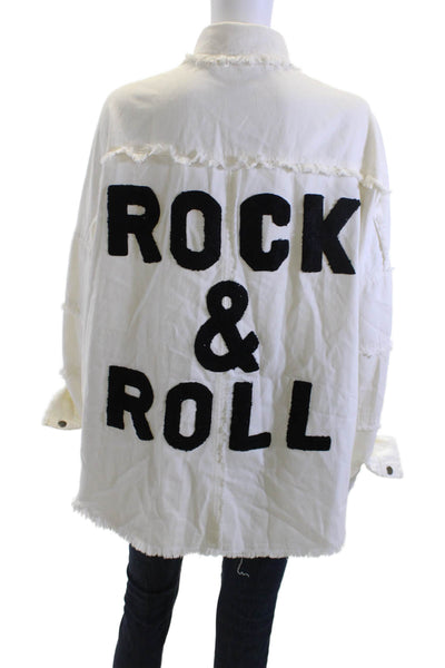 Elan Womens Rock Graphic Cotton Collared Button Jacket White Size S