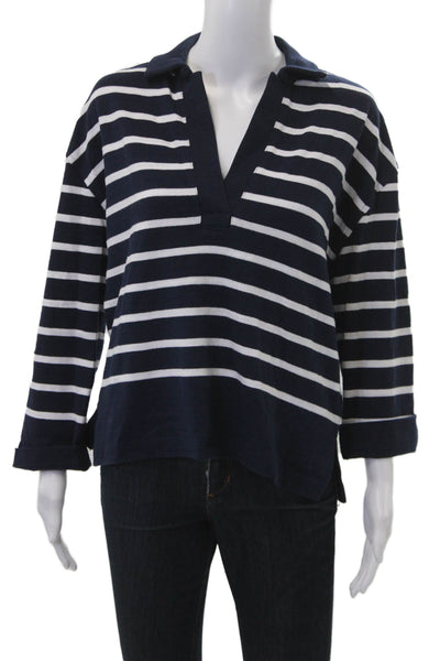 Madewell Women V-Neck Striped Cotton Polo Sweater Dark Blue Size XS