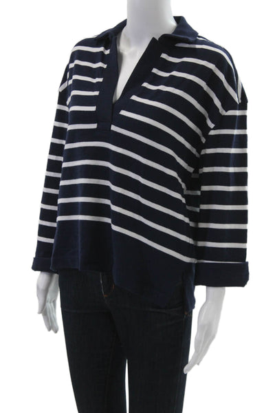 Madewell Women V-Neck Striped Cotton Polo Sweater Dark Blue Size XS