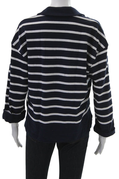 Madewell Women V-Neck Striped Cotton Polo Sweater Dark Blue Size XS