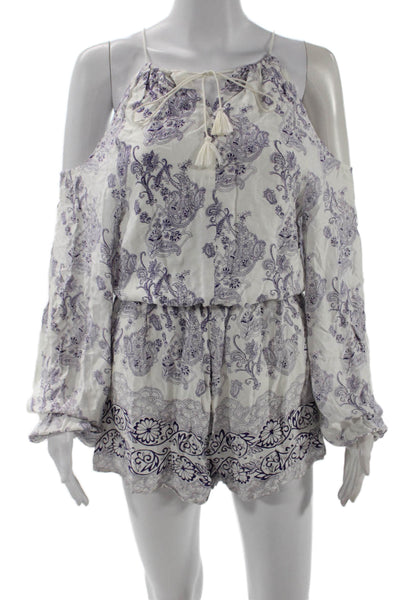 TJD Womens Jumpsuit White V Neck Damask Viscose Long Sleeve Size XS