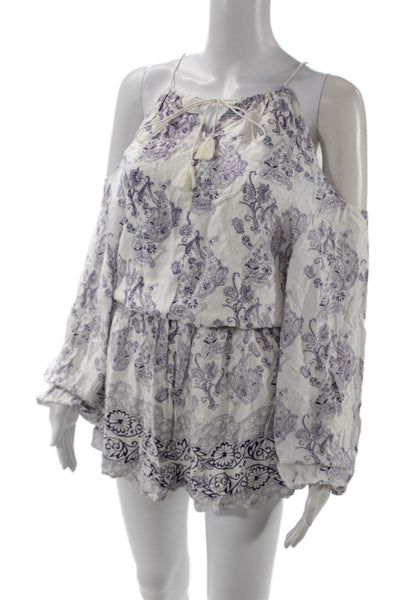 TJD Womens Jumpsuit White V Neck Damask Viscose Long Sleeve Size XS