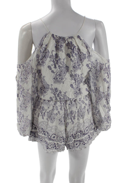 TJD Womens Jumpsuit White V Neck Damask Viscose Long Sleeve Size XS