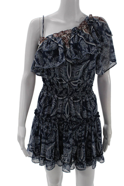 Misa Women Mini Sundress Dark Blue One Shoulder Floral Paisley Viscose Size XS