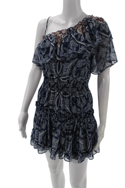 Misa Women Mini Sundress Dark Blue One Shoulder Floral Paisley Viscose Size XS