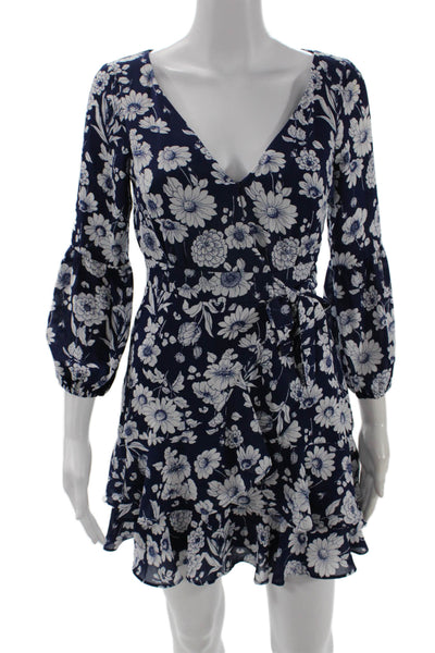 Likely Women Fit & Flare Wrap Dress Dark Blue Floral V-Neck 3/4 Sleeve Size 00