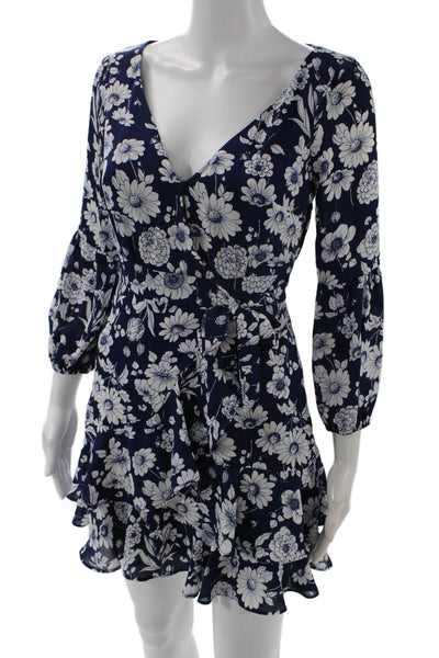 Likely Women Fit & Flare Wrap Dress Dark Blue Floral V-Neck 3/4 Sleeve Size 00