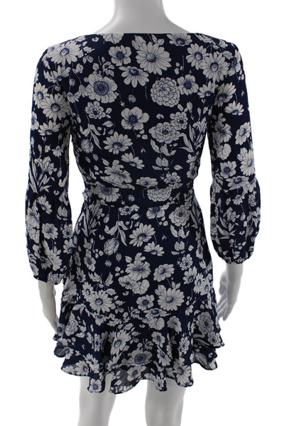 Likely Women Fit & Flare Wrap Dress Dark Blue Floral V-Neck 3/4 Sleeve Size 00