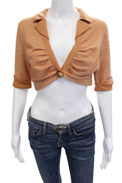 Azulu Womens Cropped Collared Button Tan Boho 3/4 Sleeve Top Size M