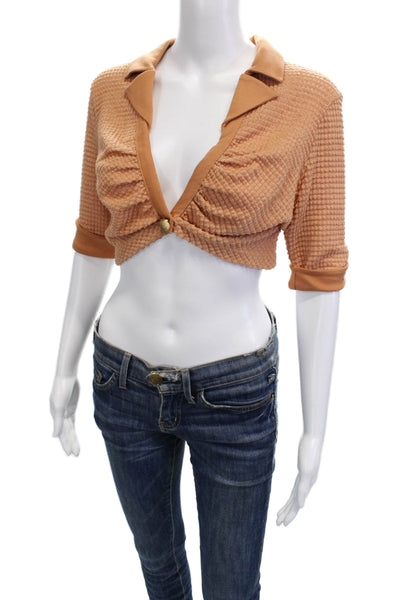 Azulu Womens Cropped Collared Button Tan Boho 3/4 Sleeve Top Size M
