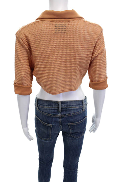 Azulu Womens Cropped Collared Button Tan Boho 3/4 Sleeve Top Size M