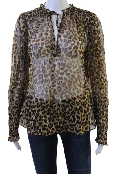 Veronica Beard, Women Beige Silk Animal Print Button Long Sleeve Blouse Size 10