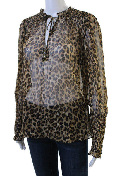 Veronica Beard, Women Beige Silk Animal Print Button Long Sleeve Blouse Size 10