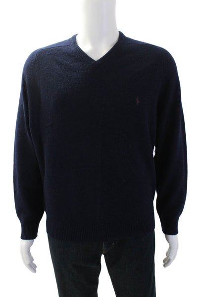 Lauren Ralph Lauren Mens V-Neck Pullover Sweater Dark Blue Lambswool Size M