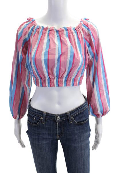 Staud Women Cropped Striped Blue Cotton Spandex Long Sleeve Blouse Size S