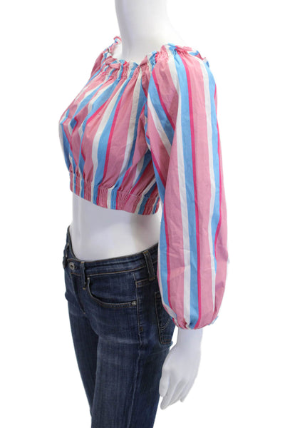 Staud Women Cropped Striped Blue Cotton Spandex Long Sleeve Blouse Size S