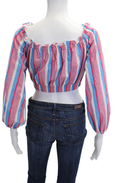 Staud Women Cropped Striped Blue Cotton Spandex Long Sleeve Blouse Size S