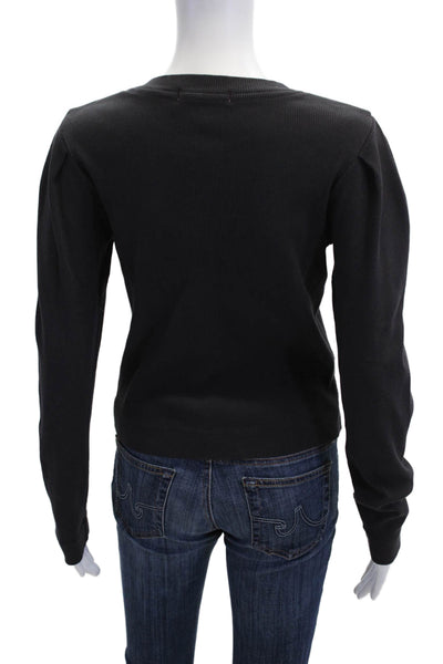 Amo Women Black Cotton Button Cardigan Crew Neck Long Sleeve Size L