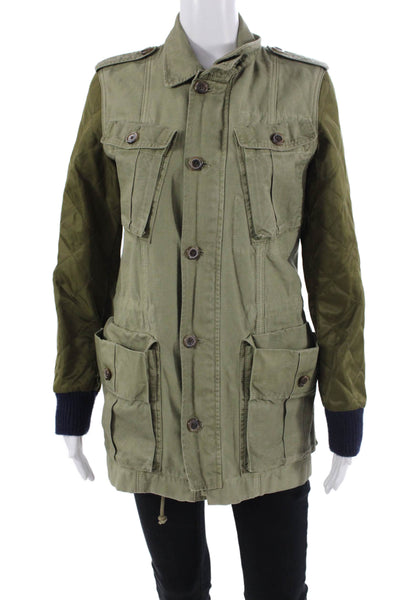 J Crew Women Military Quilted Jacket Green Cotton Button Collared Size XS